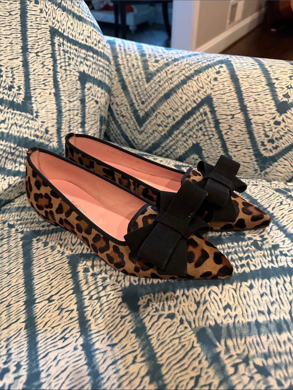 Pretty Ballerinas Leopard Print Pointed Flats with Black Bow size 38 NEW